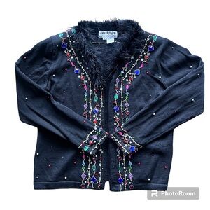 Embellished Jack B Quick Y2K Black and multi-coloured cardigan with fur collar
